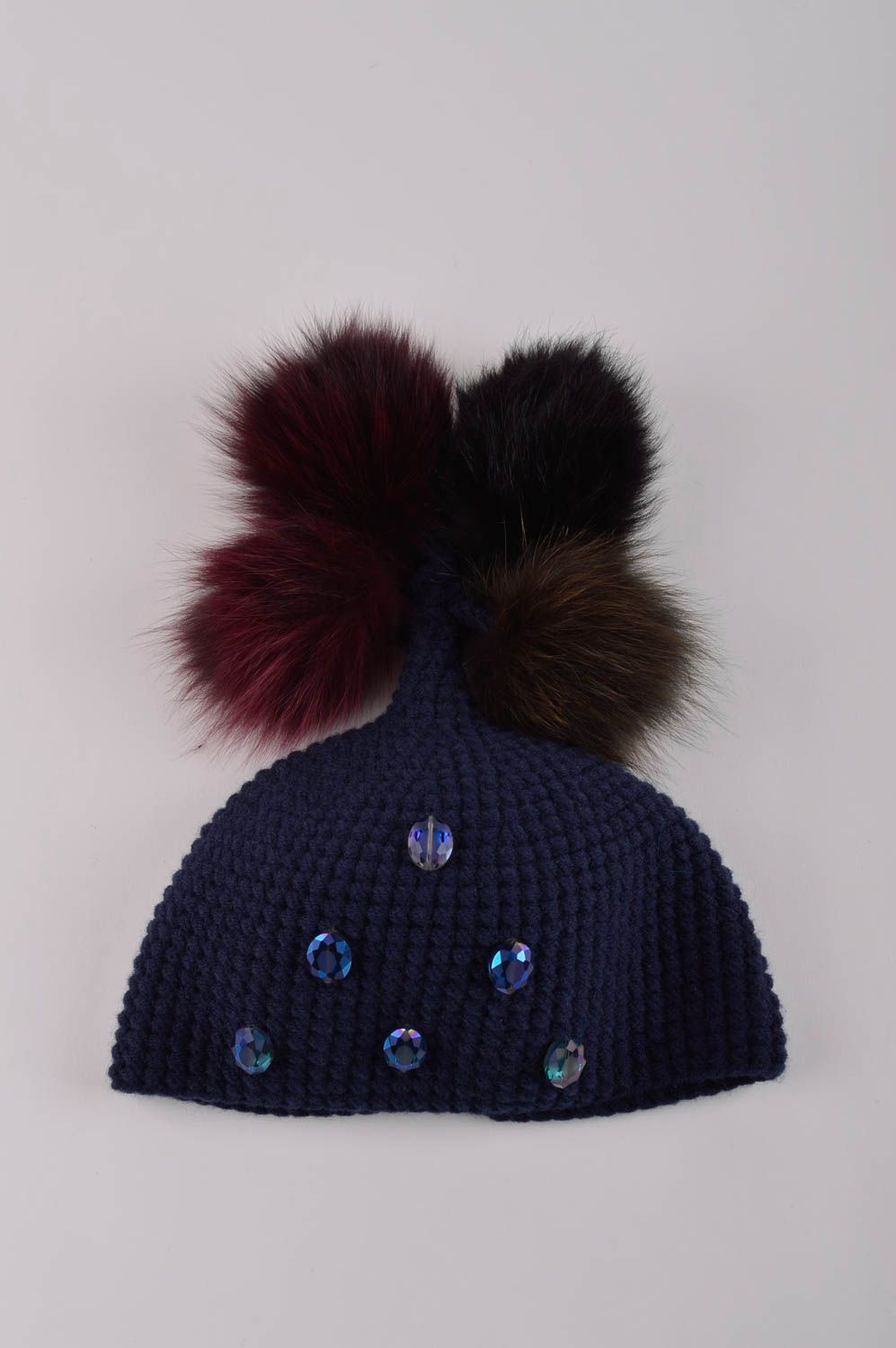 Шапка с мехом лисицы ручной работы зимняя шапка синяя красивая вязаная шапка фото 5