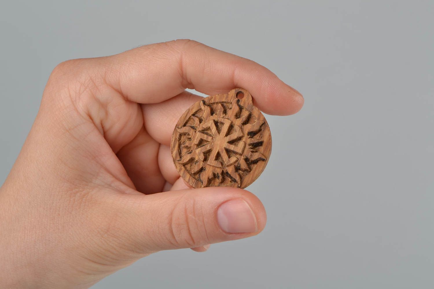 Handmade natural wood carved small round protective amulet pendant Slavic symbol photo 2
