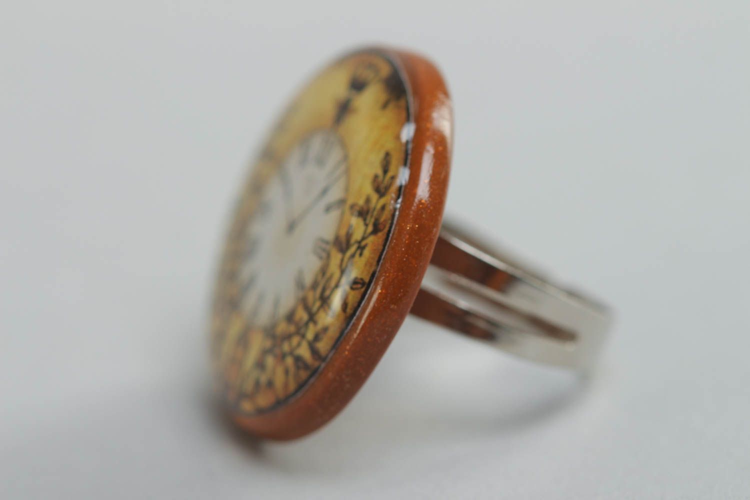 Handmade round polymer clay ring with image of clock coated with glass glaze photo 2