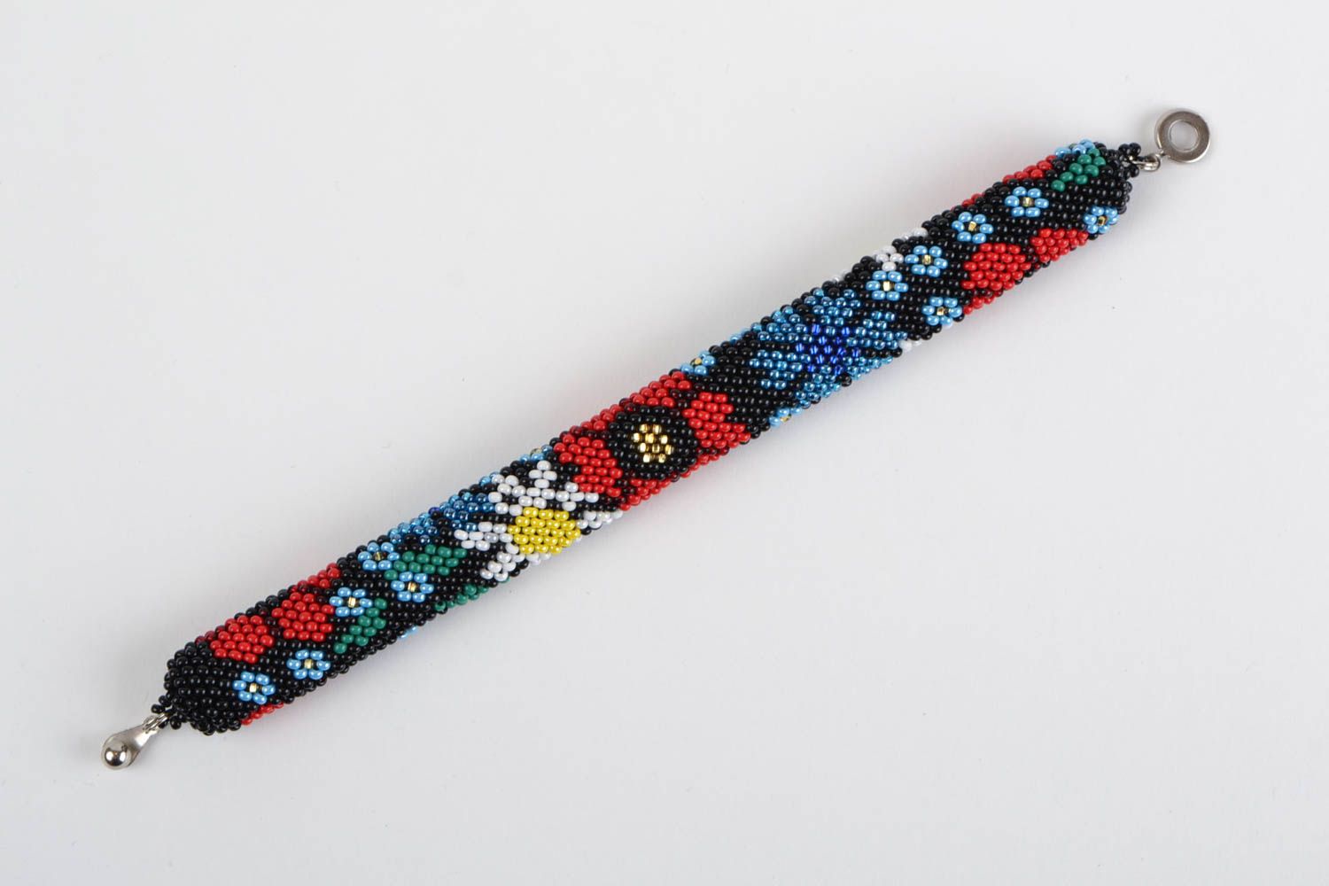 Цветочный браслет жгут из бисера ручной работы темный нарядный Полевые цветы фото 2