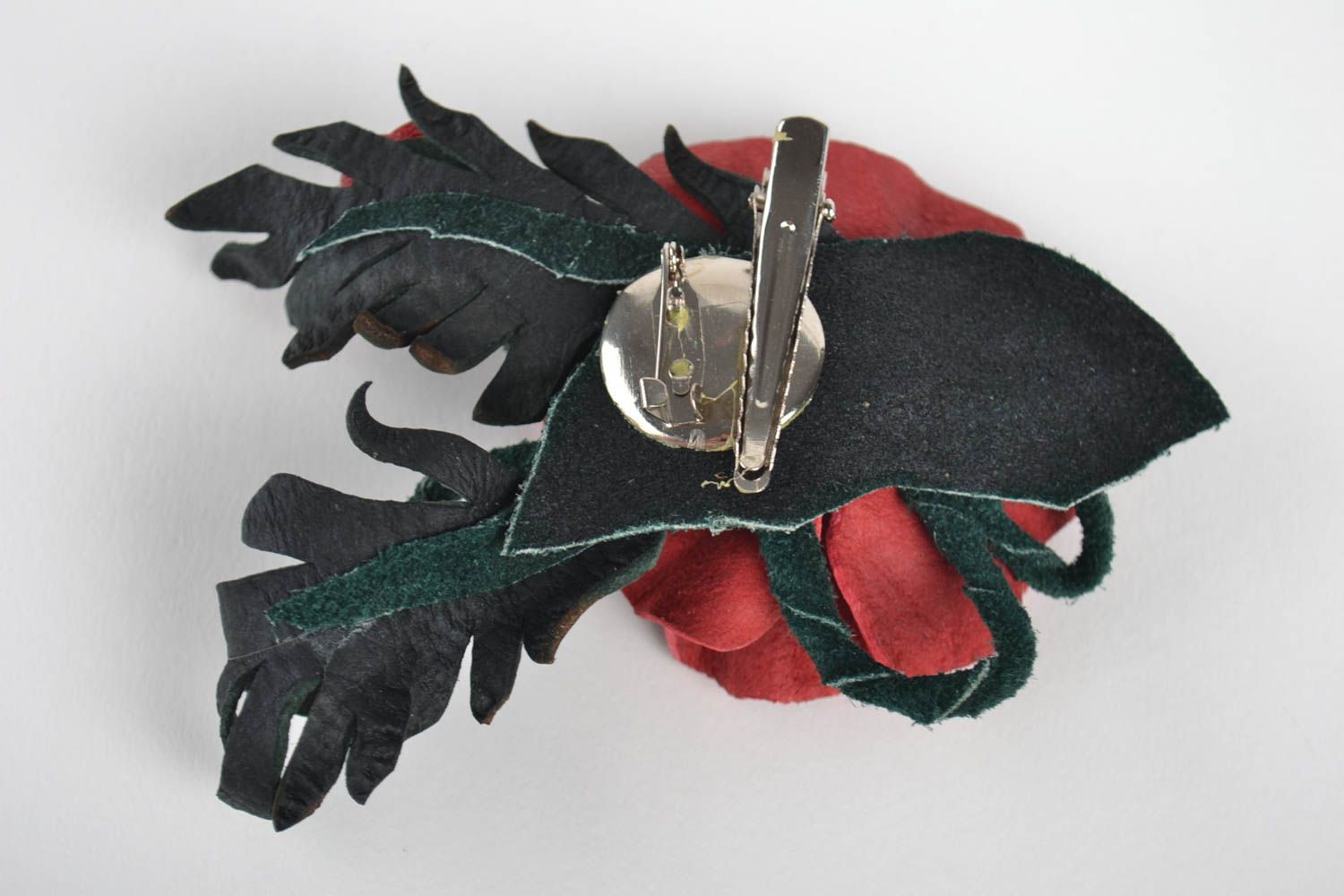 Handmade Schmuck Brosche Geschenk für Frauen Haarspange Blume aus Leder rot foto 3