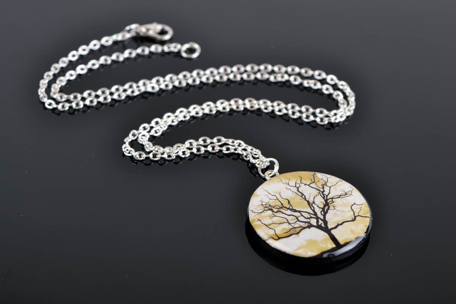 Pendentif arbre Bijou fait main rond en pâte polymère sur chaîne Cadeau femme photo 1