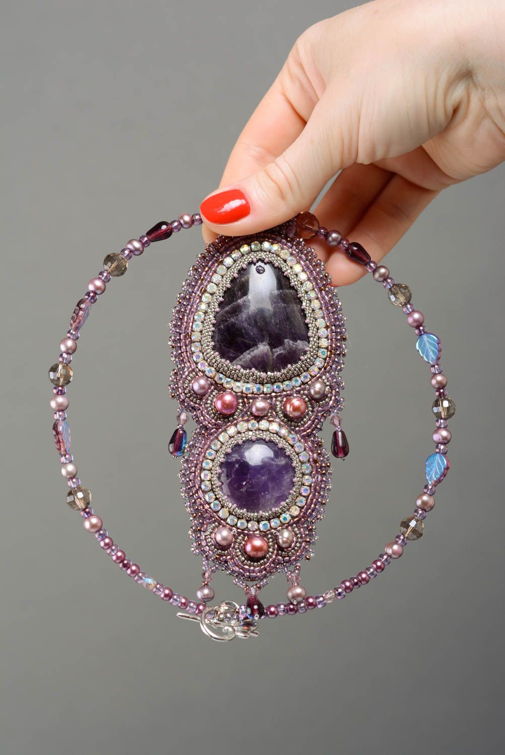 Handmade designer necklace with pendant embroidered with beads with amethyst photo 3