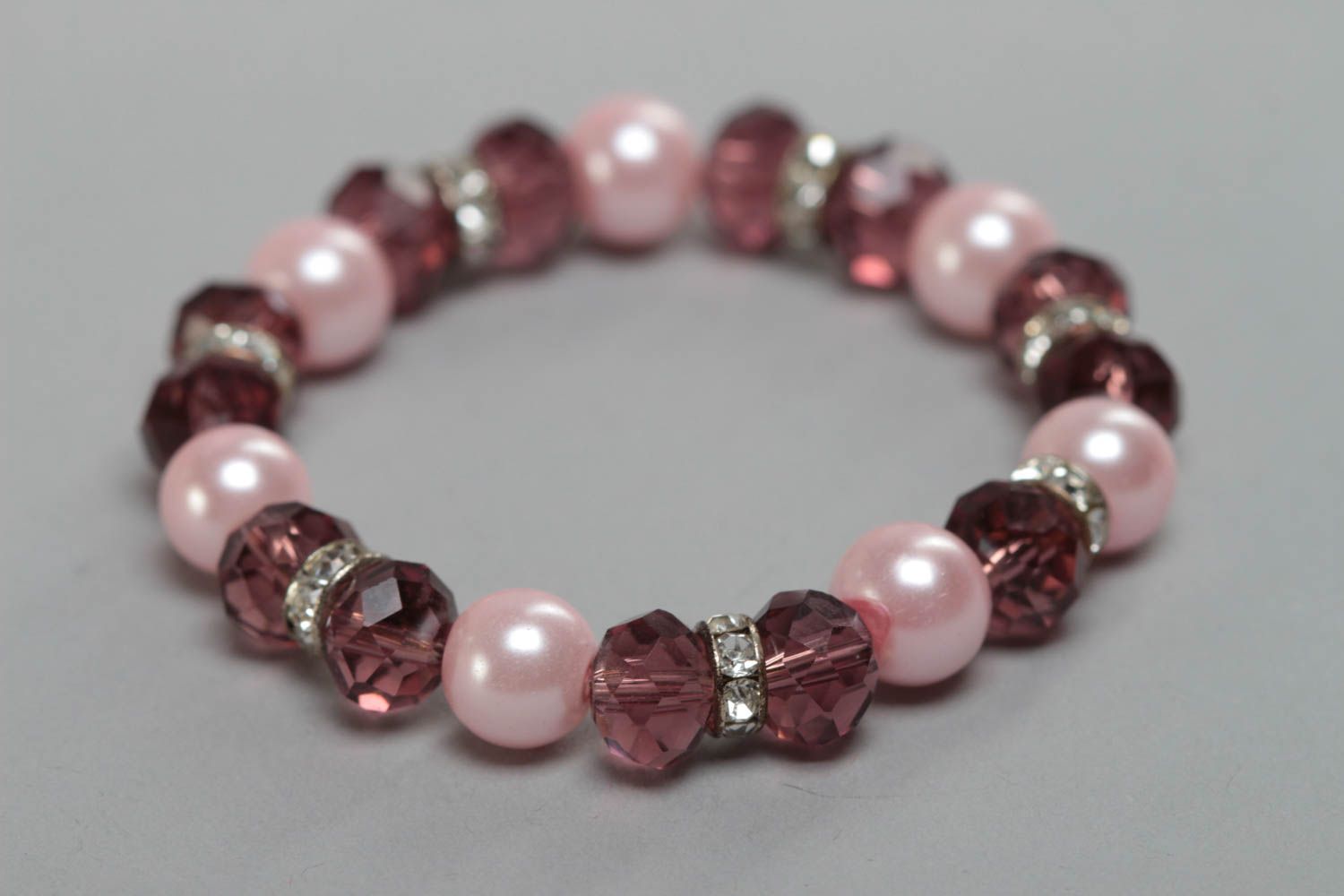 Handmade children's design pink bracelet with crystal and ceramic beads photo 3