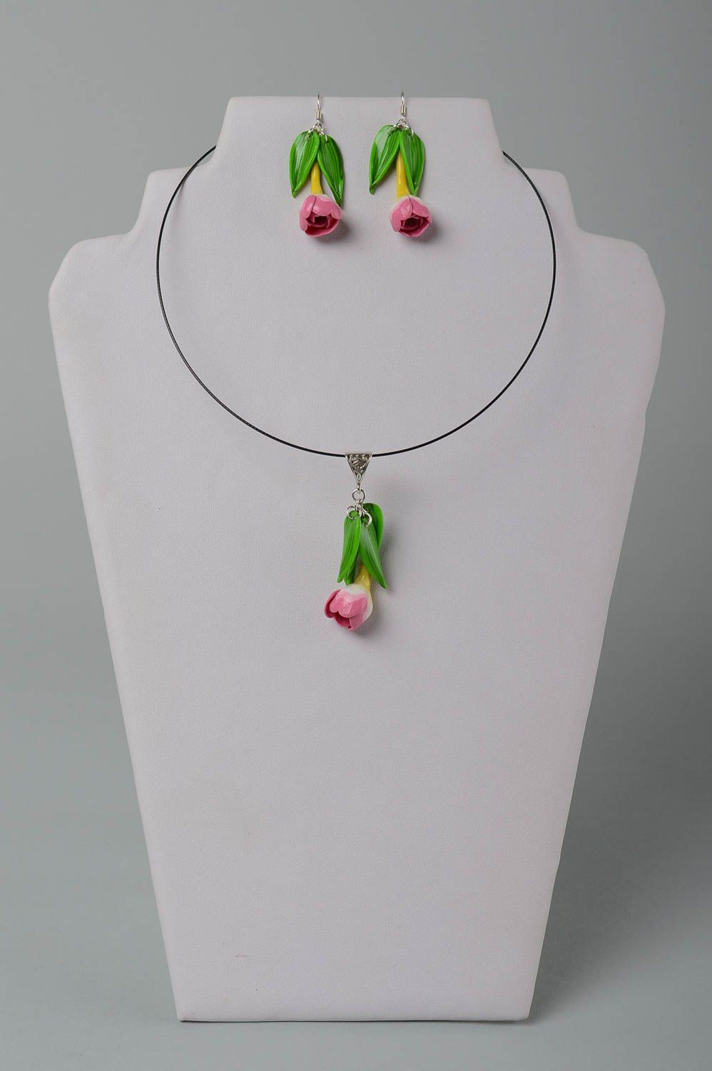 Handmade plastic necklace plastic earrings polymer clay earrings flower pendant photo 1