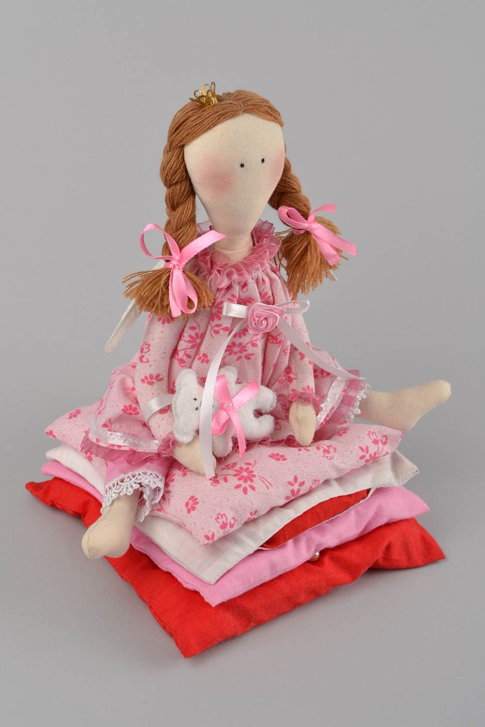 Designer fabric soft doll princess in pink sitting on pillows handmade photo 1