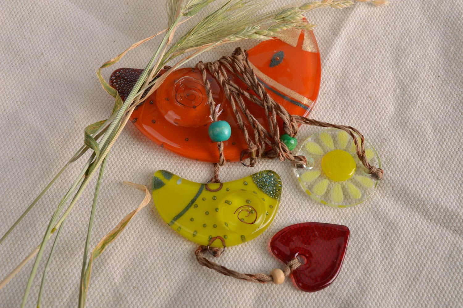 Handmade designer colorful glass wall hanging decoration Red Bird with beads photo 1