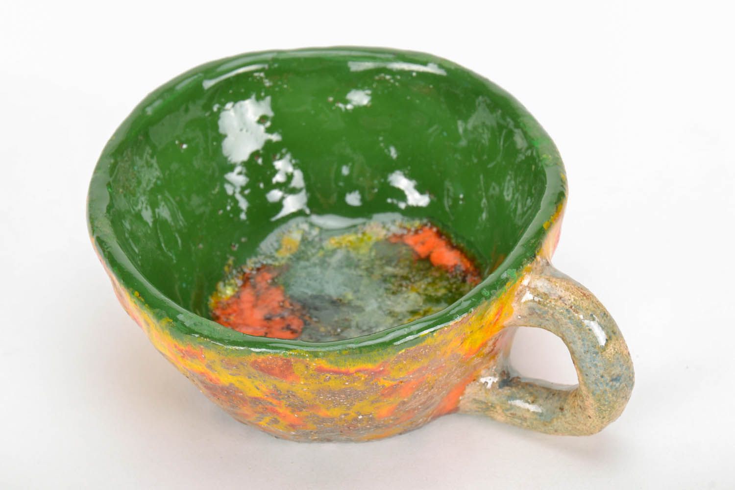 5 oz wide glazed green and gold clay cup with handle and no pattern photo 3