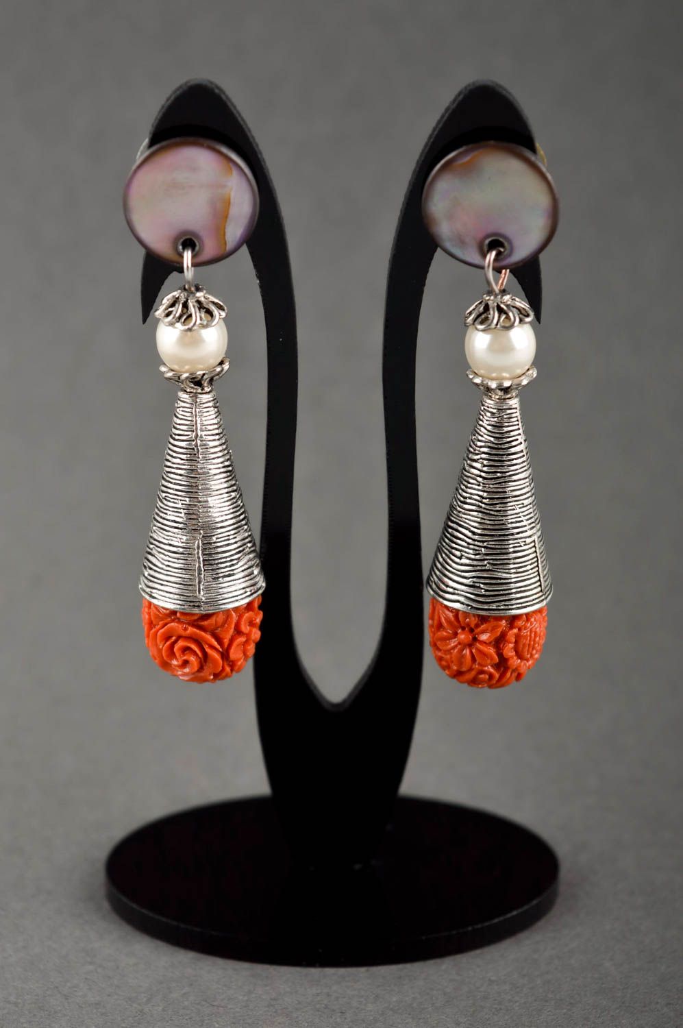 Handmade metal earrings metal jewelry long earrings with charms handmade jewelry photo 1