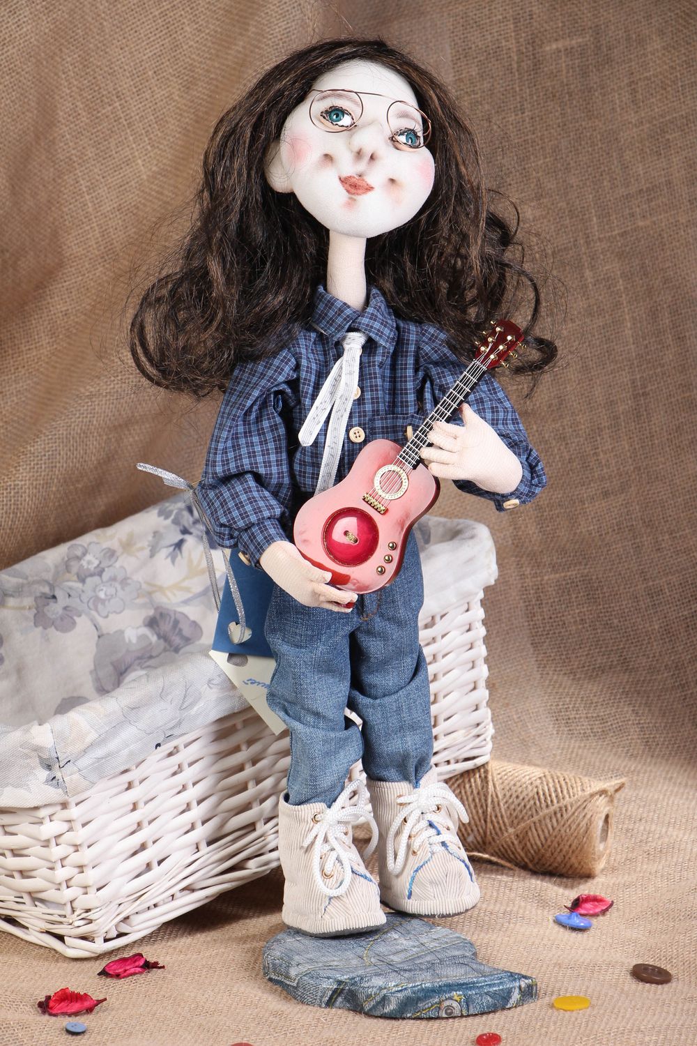 Collectible fabric doll on stand Girl with Guitar photo 5