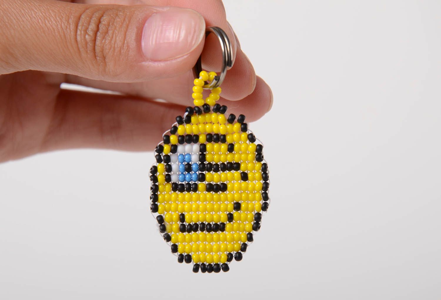 Porte-clés smiley jaune rond en perles de rocaille fait main cadeau original photo 2