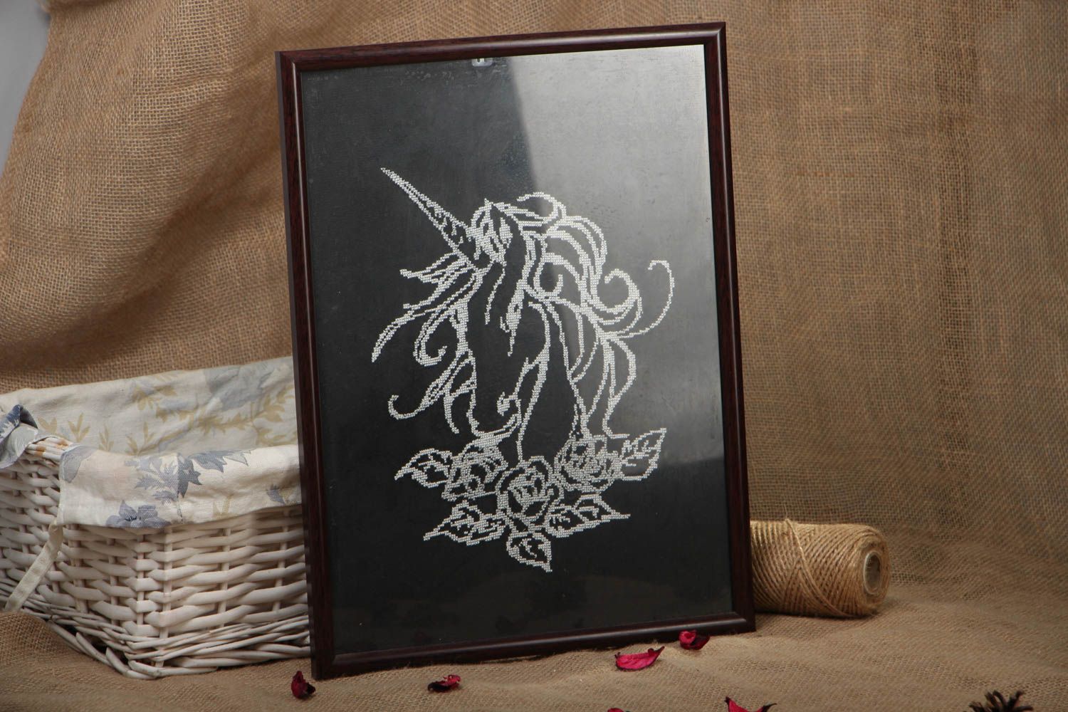 Cross stitched black and white picture with unicorn photo 5