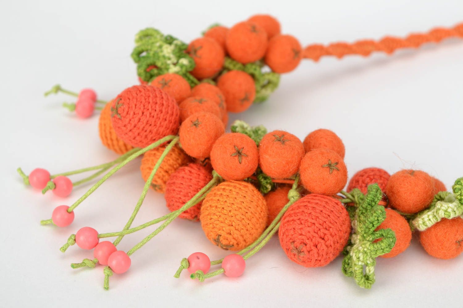 Handmade bead necklace crocheted over with cotton threads in the shape of mountain ash berries photo 3