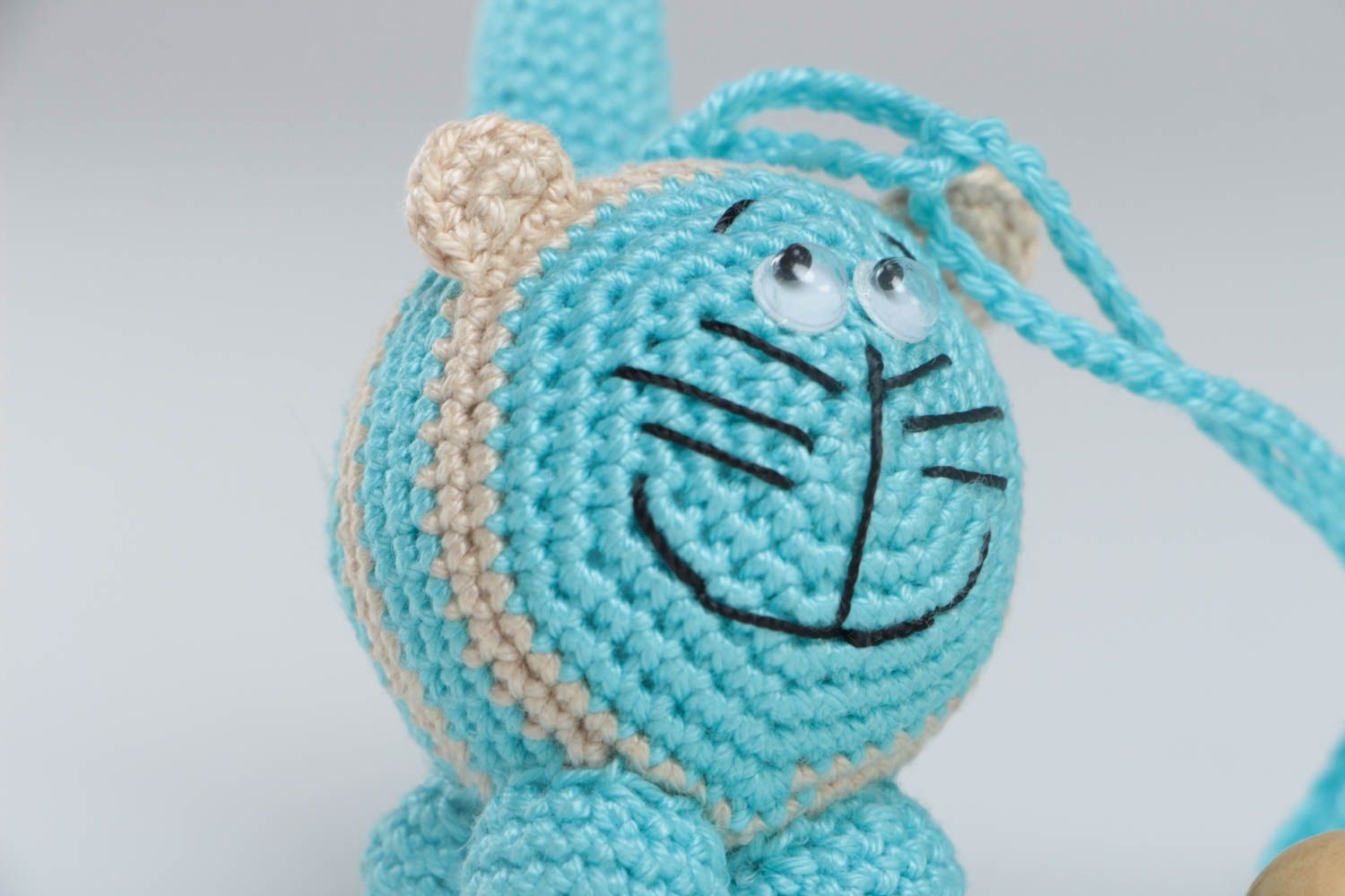 Crocheted cotton rattle small blue cat handmade toy for little children photo 3