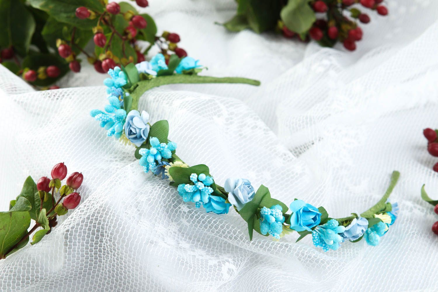 Serre-tête fleurs bleu ciel Bijou fait main tendance fin Accessoire cheveux photo 1