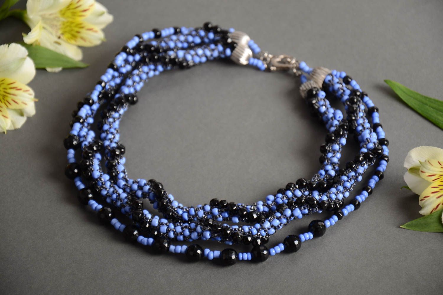 Handmade multi row women's necklace crocheted of blue and black Czech beads photo 1