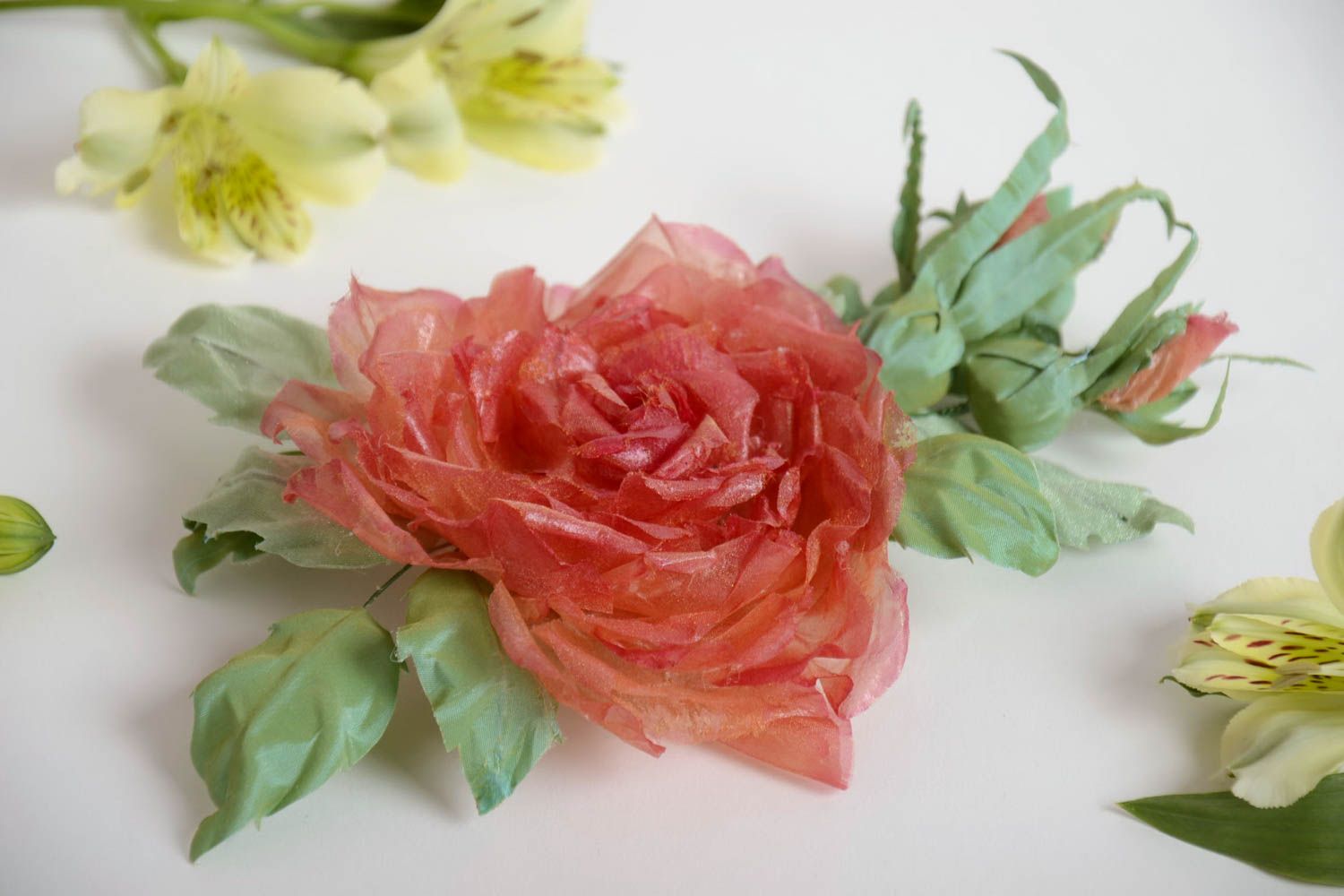 Handmade designer hair clip brooch with large volume red organza flower photo 1