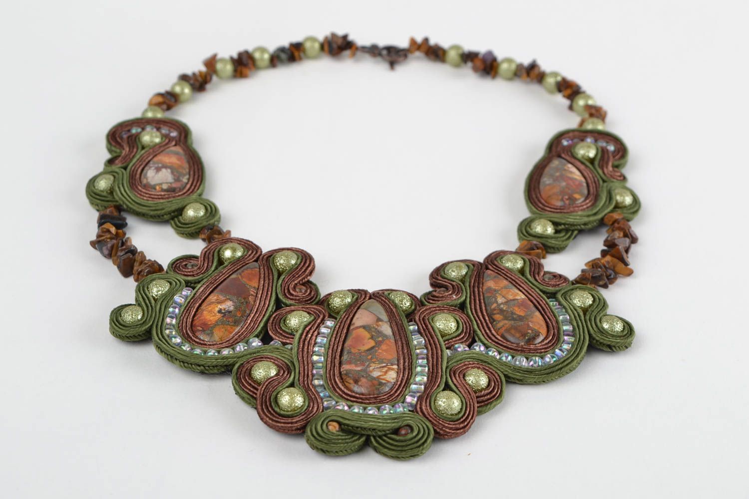Beautiful evening design handmade soutache necklace with natural jasper stone photo 4