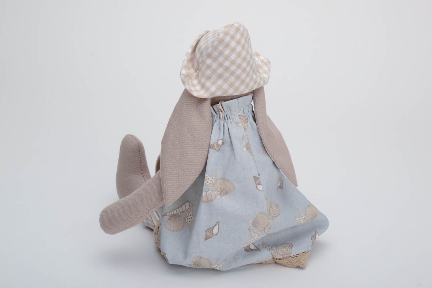 Handmade soft toy sewn of cotton fabric rabbit with long ears in hat and dress photo 4
