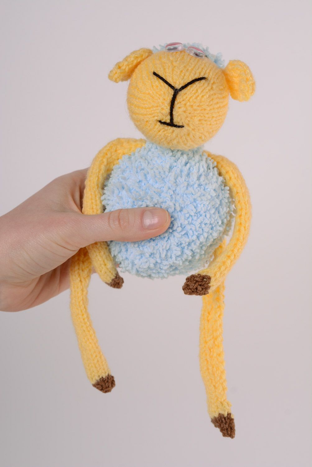 Nice blue and yellow small handmade soft knit toy sheep photo 5