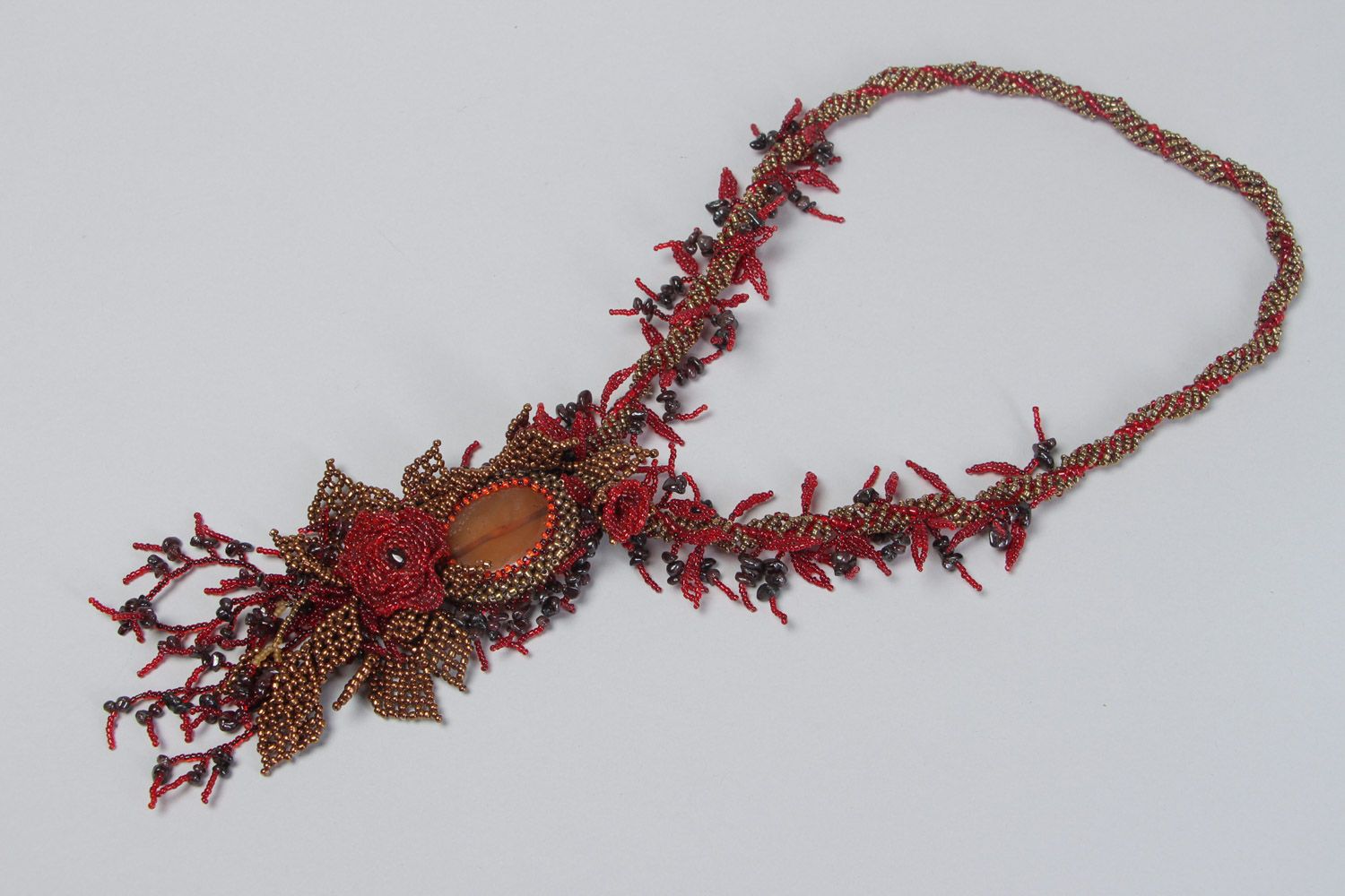 Handmade dark red floral necklace woven of seed beads and natural stones  photo 2