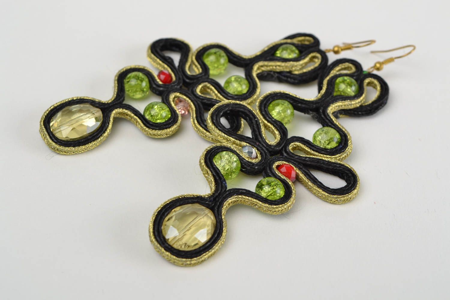Black and green handmade massive soutache earrings with Czech crystal photo 4