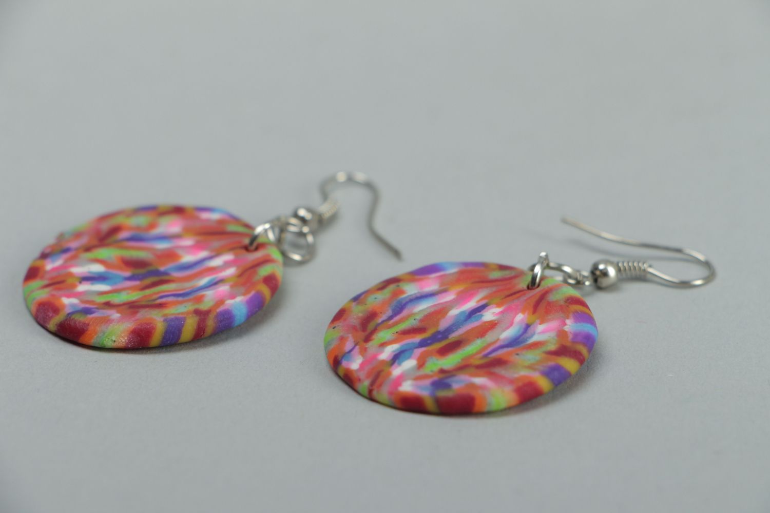 Bright color polymer clay round earrings photo 2