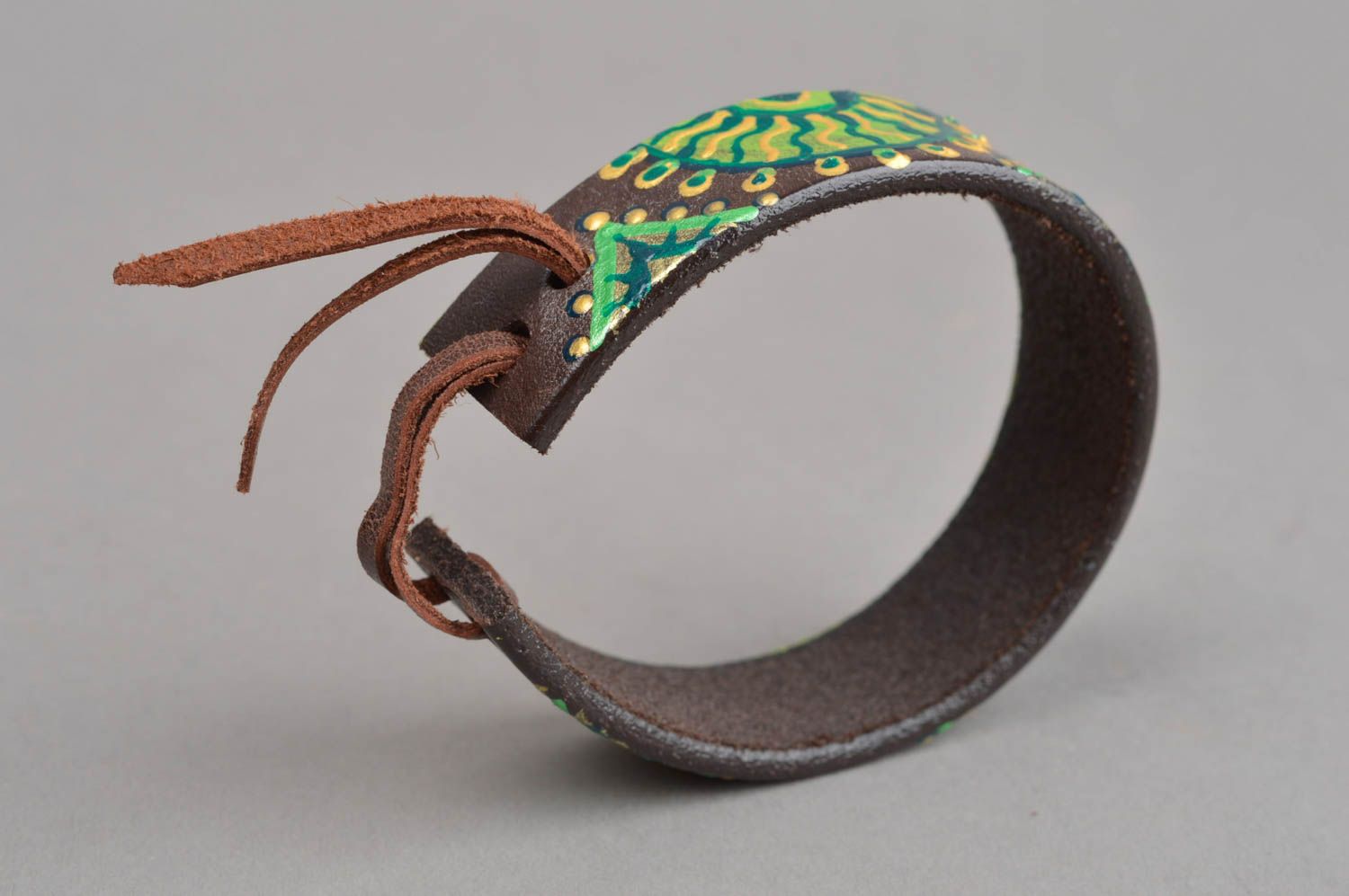 Bracelet cuir naturel Bijou fait main marron peint vert Accessoire femme photo 3