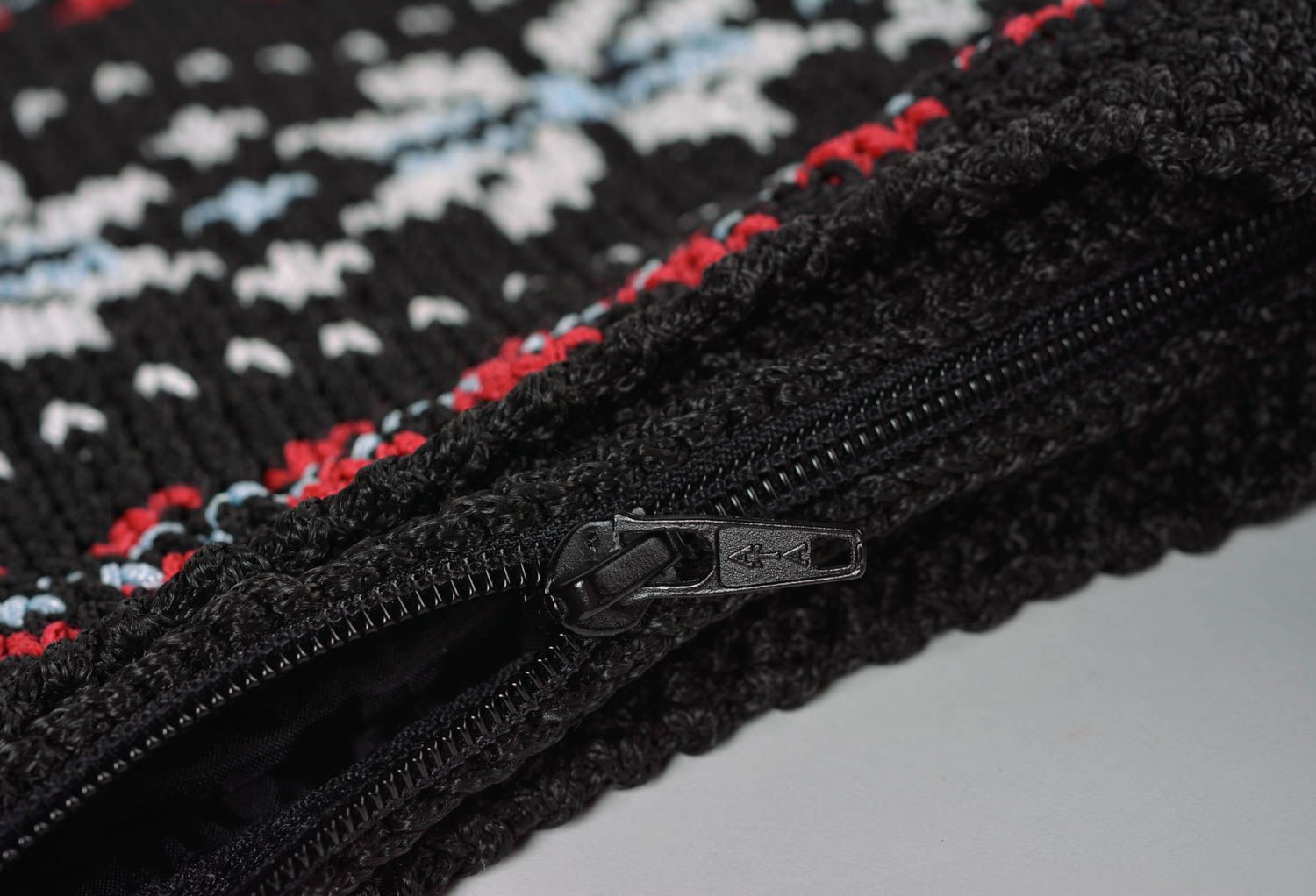 Crocheted female handbag of dark red color with black lining handmade purse photo 5