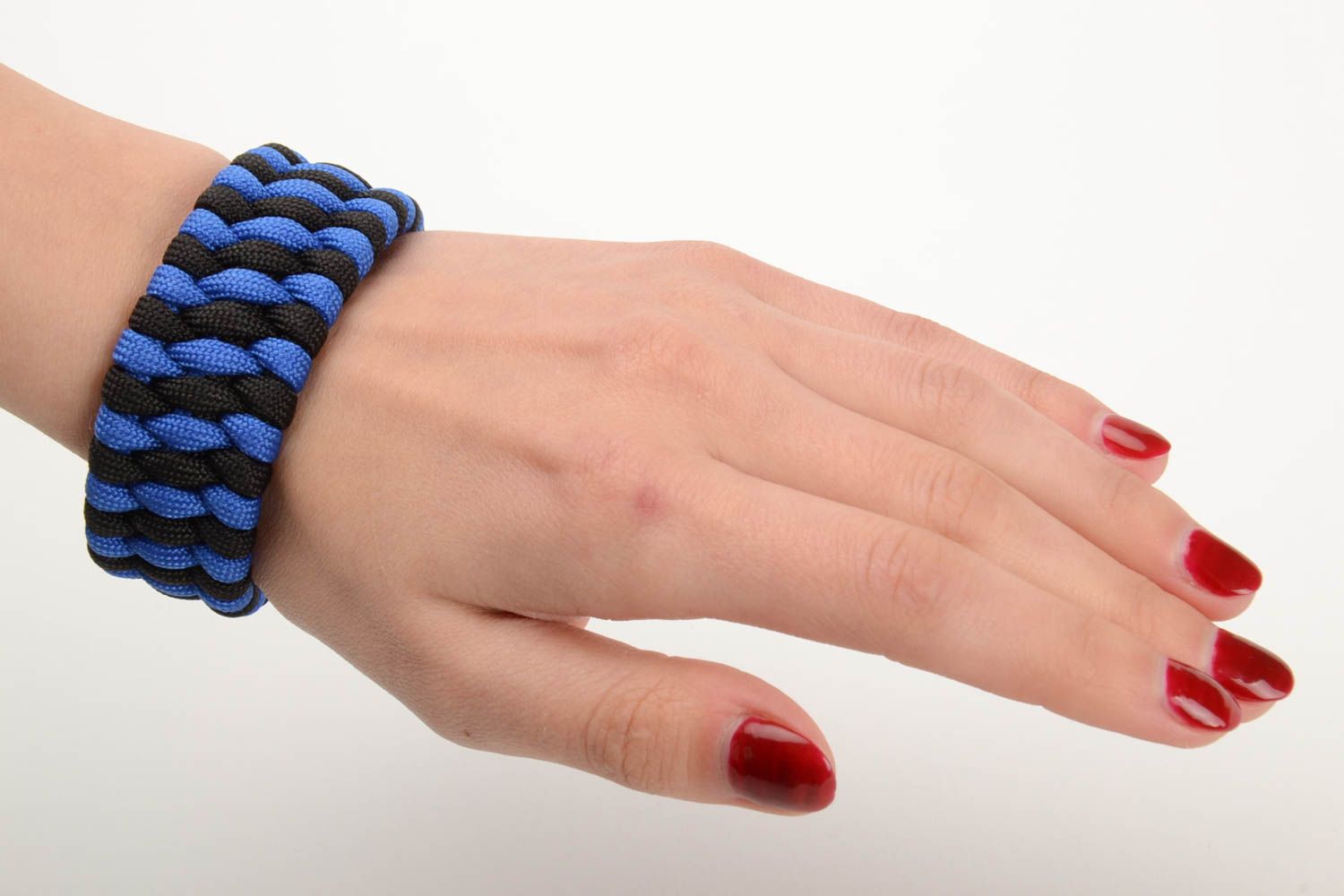 Black and blue handmade wide woven wrist bracelet with plastic fastener photo 5