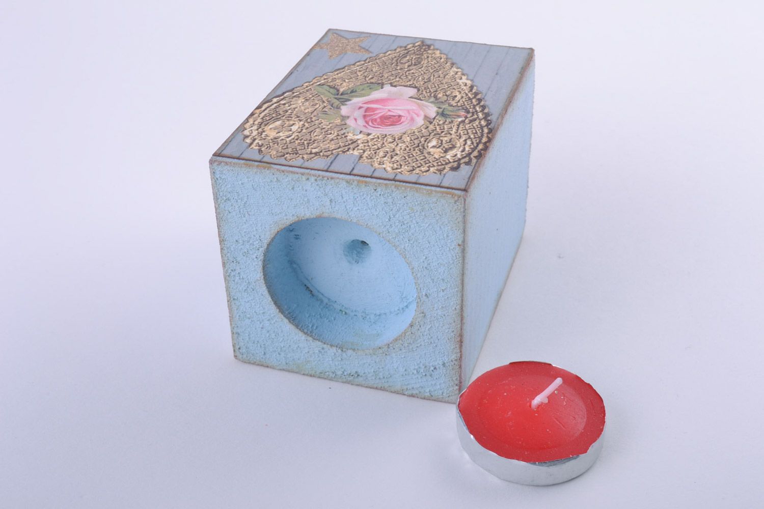 Handgemachter Teelichthalter aus Holz mit Bild von Herz und Rose in Decoupage Technik foto 5