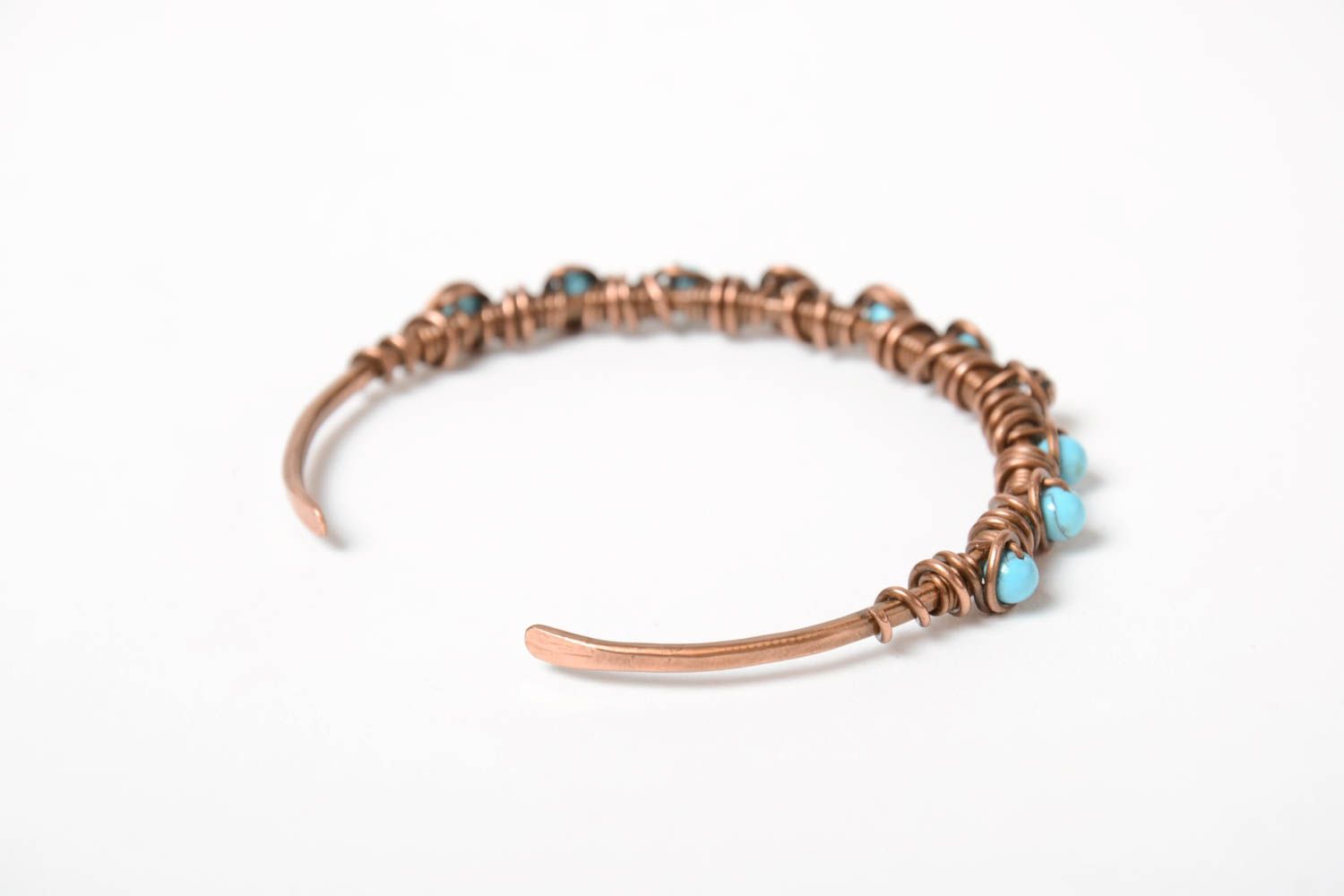 Thin handmade designer wire wrap copper wrist bracelet with turquoise beads photo 4