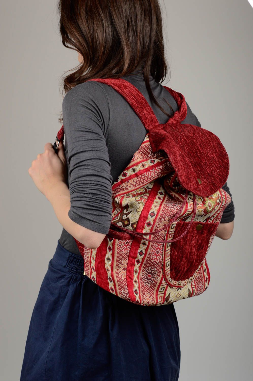 Женский рюкзак ручной работы рюкзак из ткани сумка рюкзак большой красный фото 2