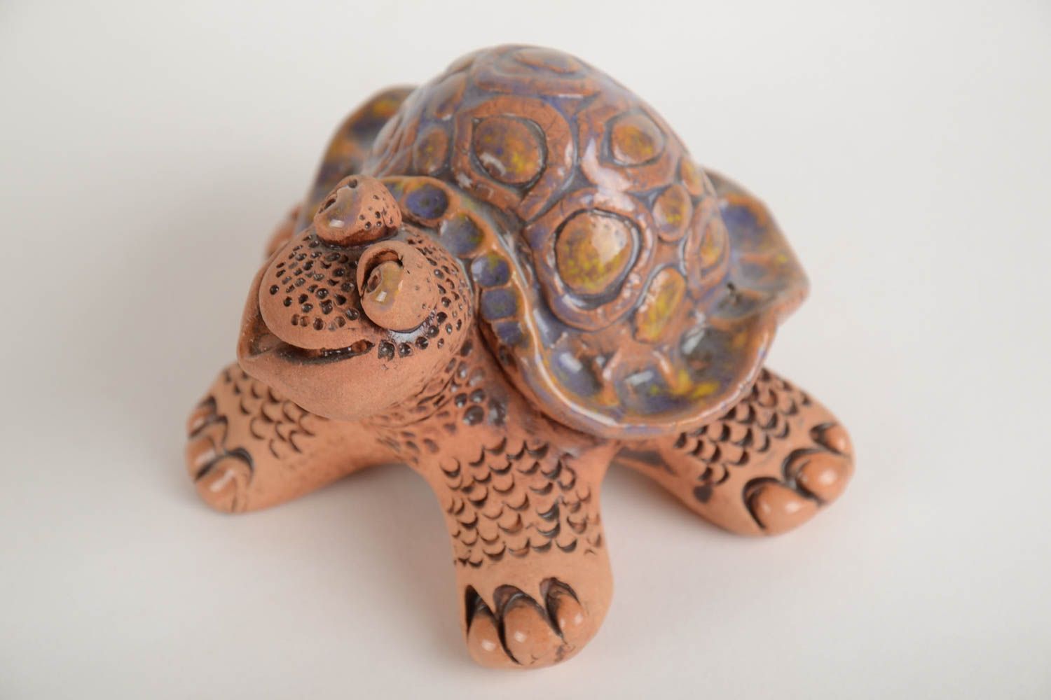 Small handmade clay figurine of turtle with enamel and glaze made for decoration photo 5