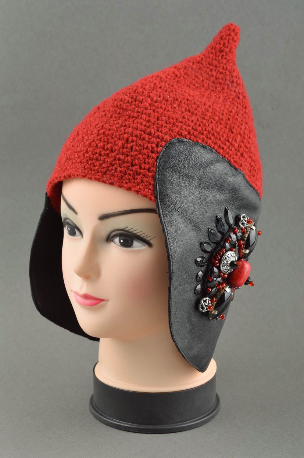 Handmade winter warm cap unusual designer cap female hat with leather photo 1