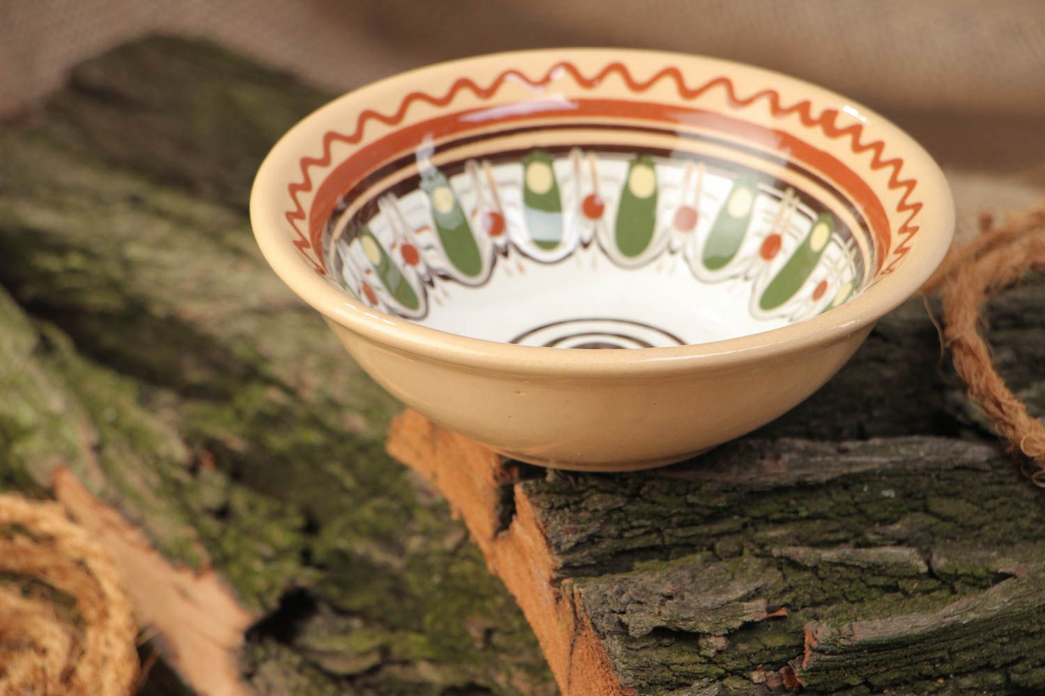 Handmade deep ceramic bowl painted and coated with glaze 200 ml in ethnic style photo 1