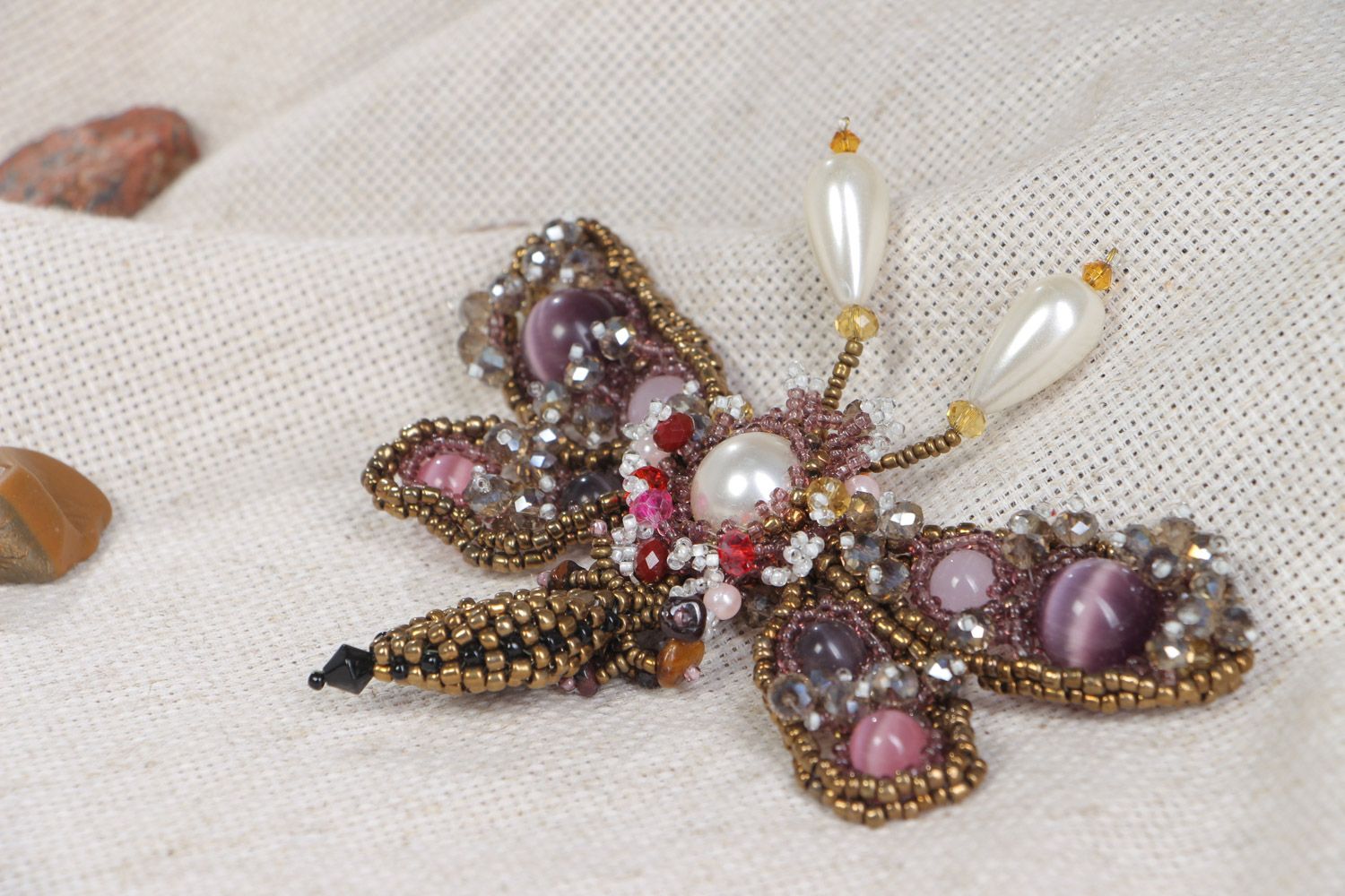 Handmade designer beaded brooch with natural amethyst and cat's eye stone photo 1