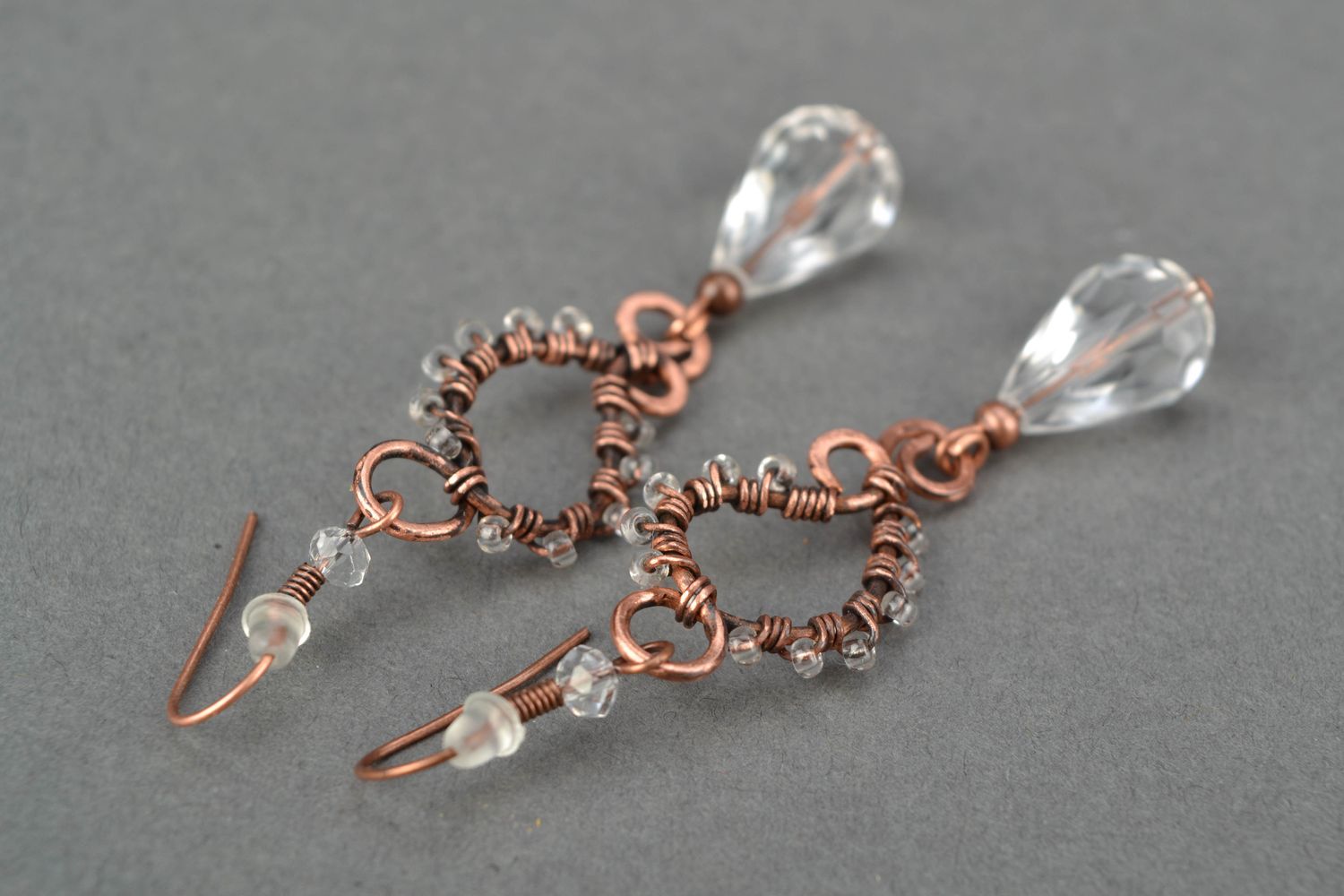 Long copper earrings with crystal made using wire wrap technique photo 4