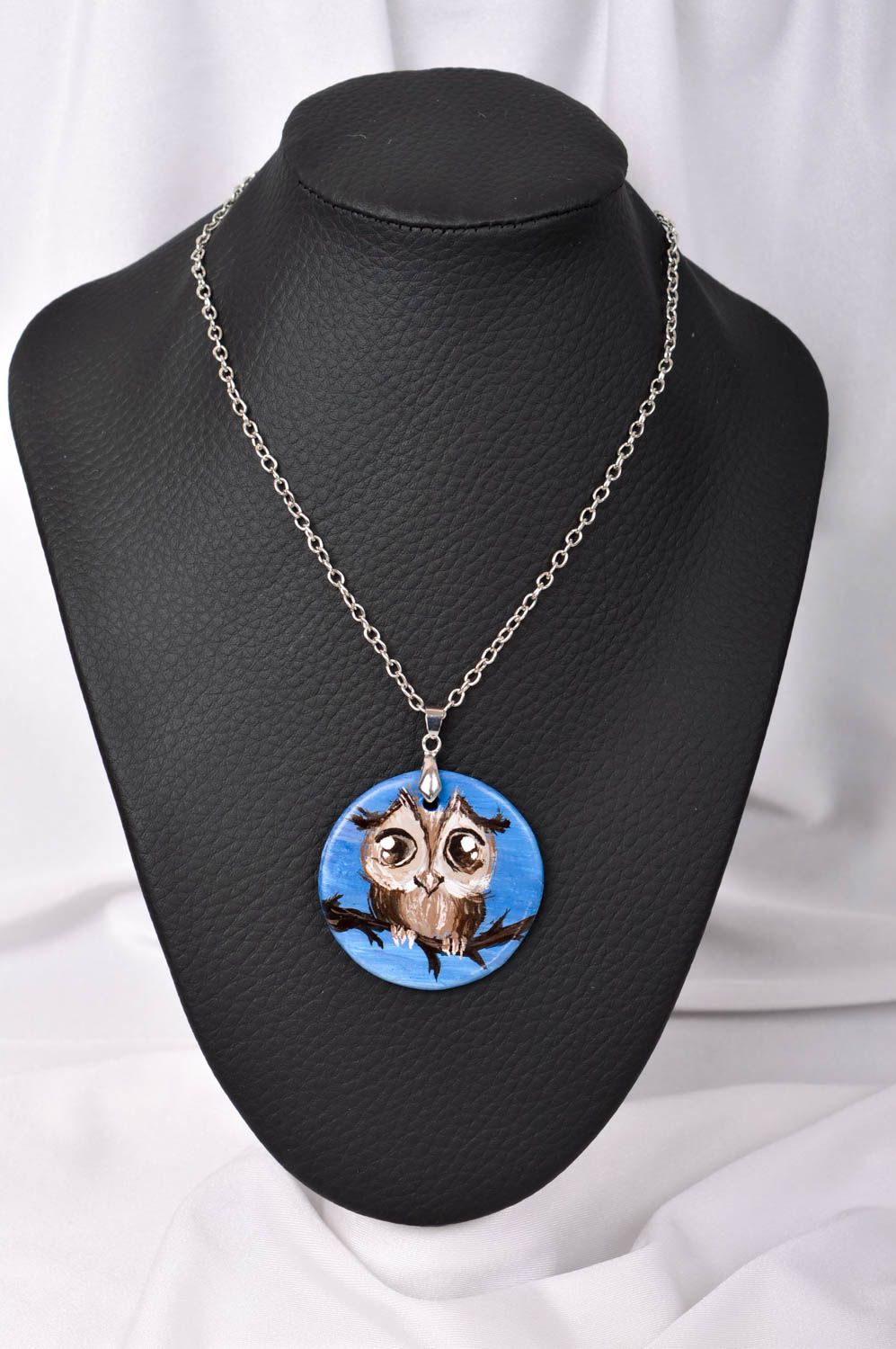 Handmade stylish accessory polymer clay pendant unusual pendant with owl photo 1