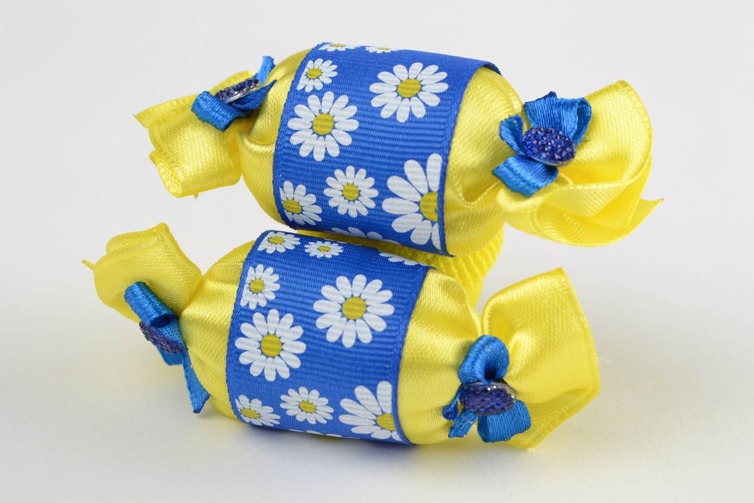 Bright handmade designer textile ribbon hair ties set 2 pieces blue and yellow photo 5