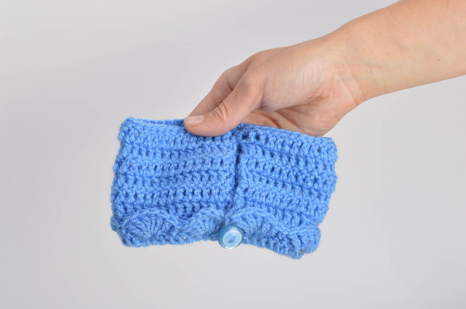 Protège-mug au tricot bleu ajouré mi-laine au crochet beau pratique fait main photo 5