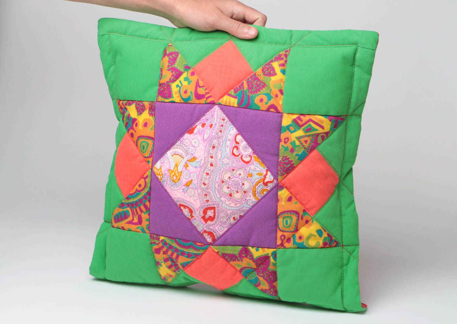 Handmade bright colorful small patchwork accent pillow for interior decoration photo 5