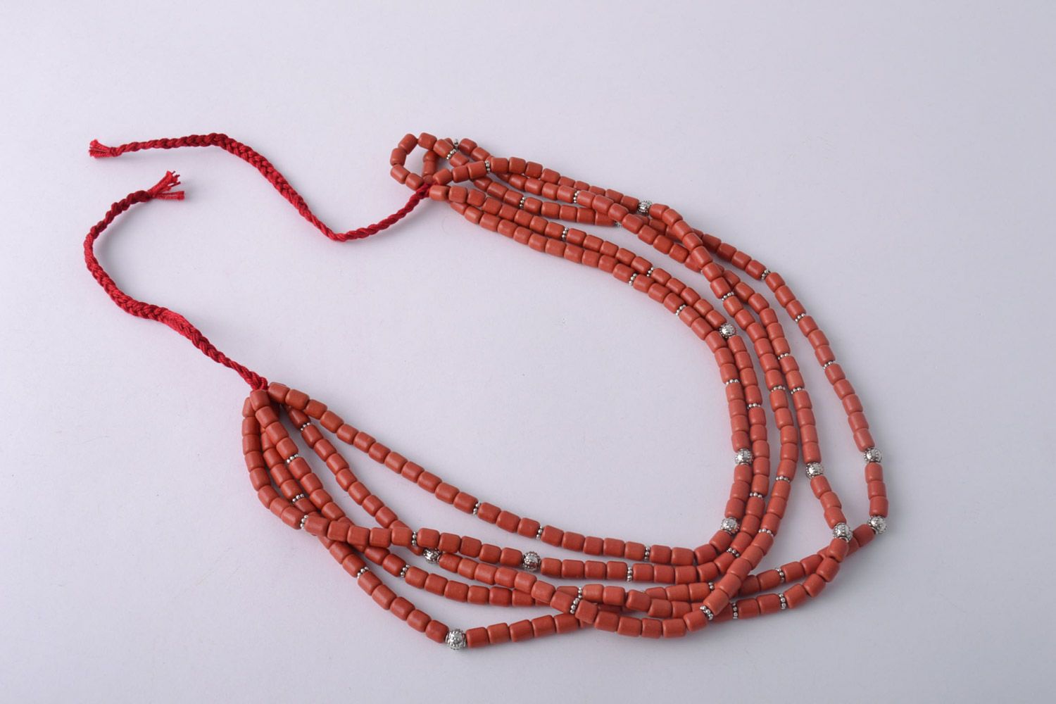 Handmade stylish multi row ceramic bead necklace of red color in ethnic style photo 4
