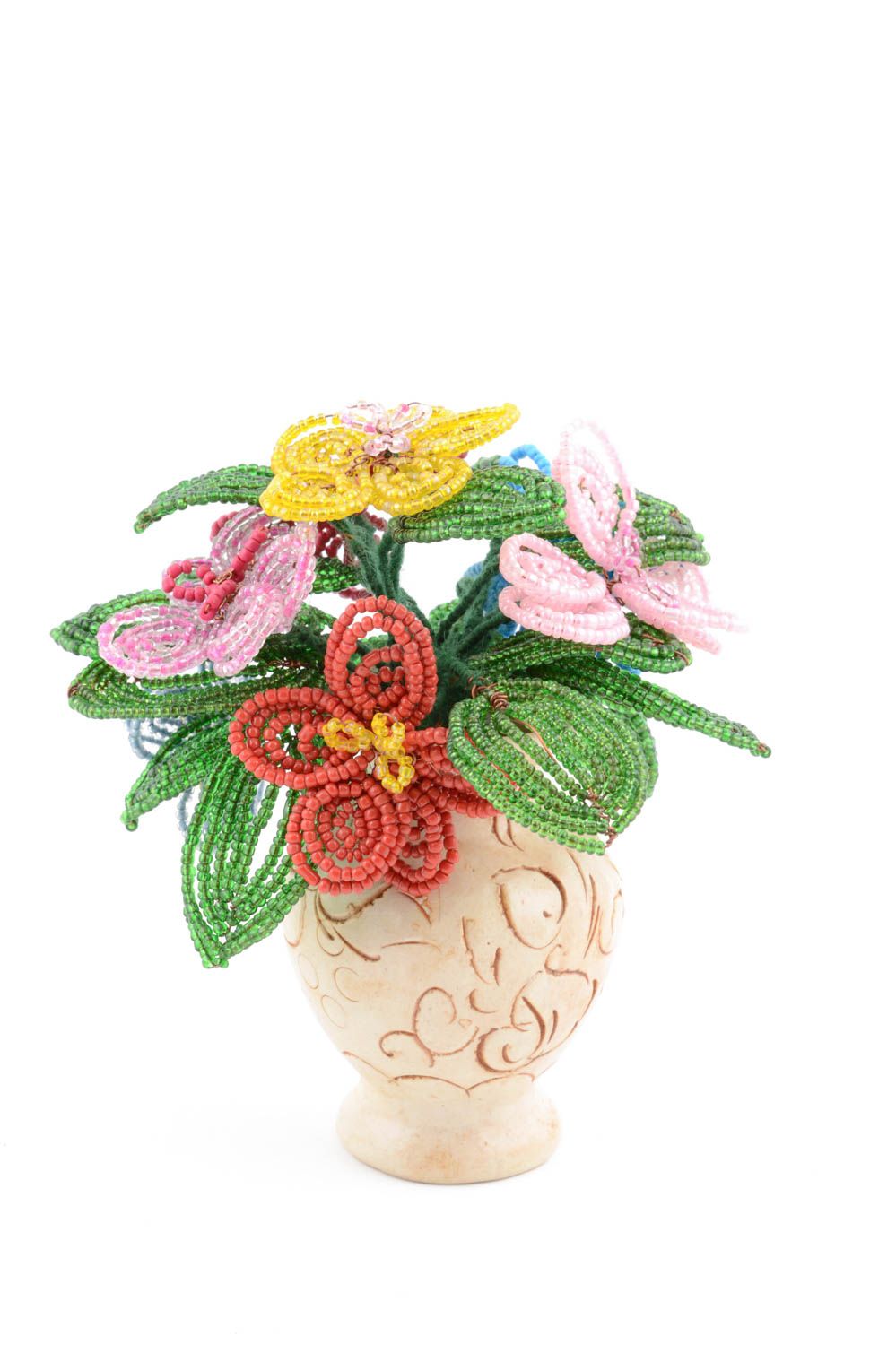 Оригинальная ваза с цветами из бисера ручной работы красивая декор для дома фото 2
