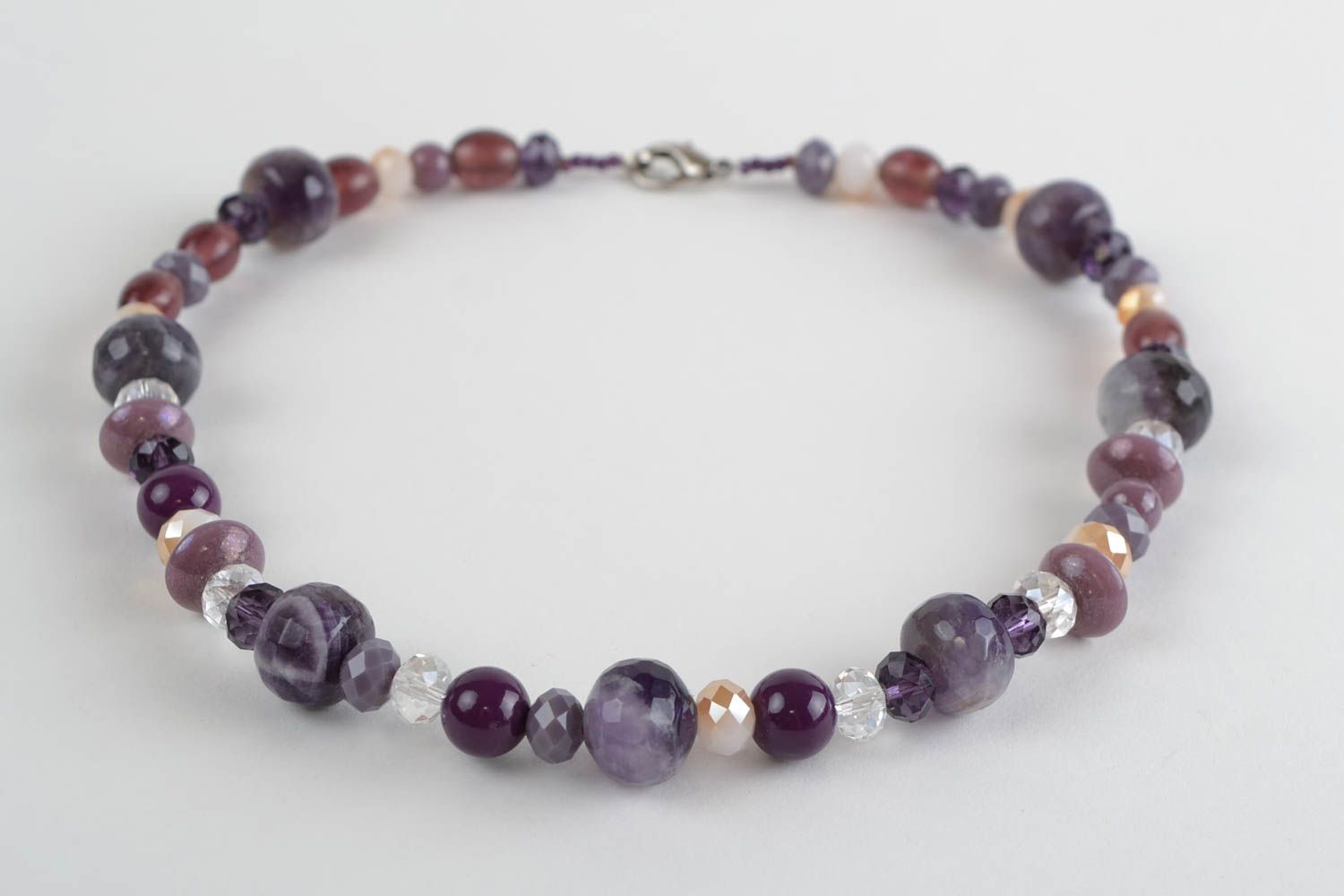 Handmade designer agate crystal and glass beaded necklace in violet color shades photo 5