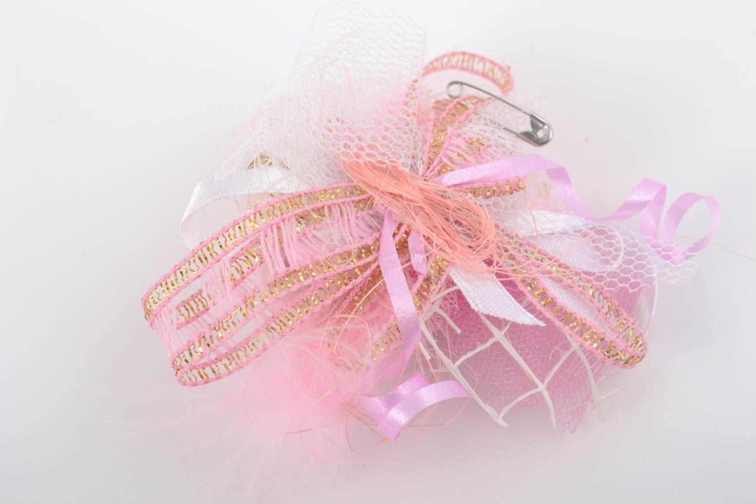 Fleur pour barrette à cheveux rose avec rubans faite main originale jolie photo 4