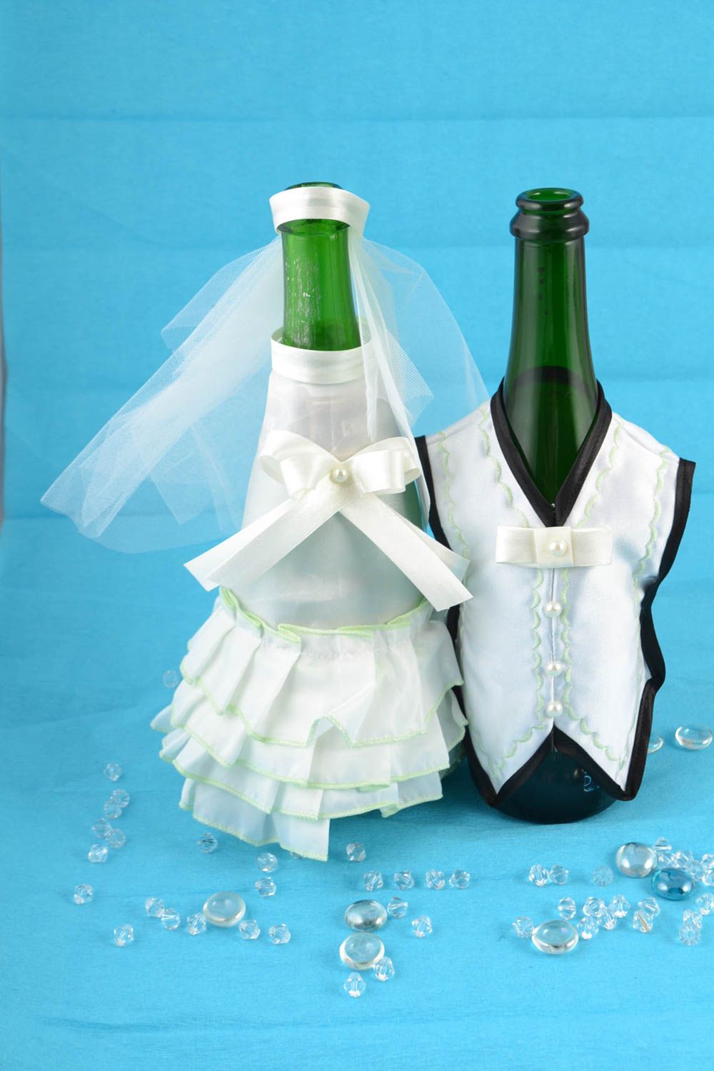 Handmade decorative wedding champagne bottle covers costumes of bride and groom  photo 1