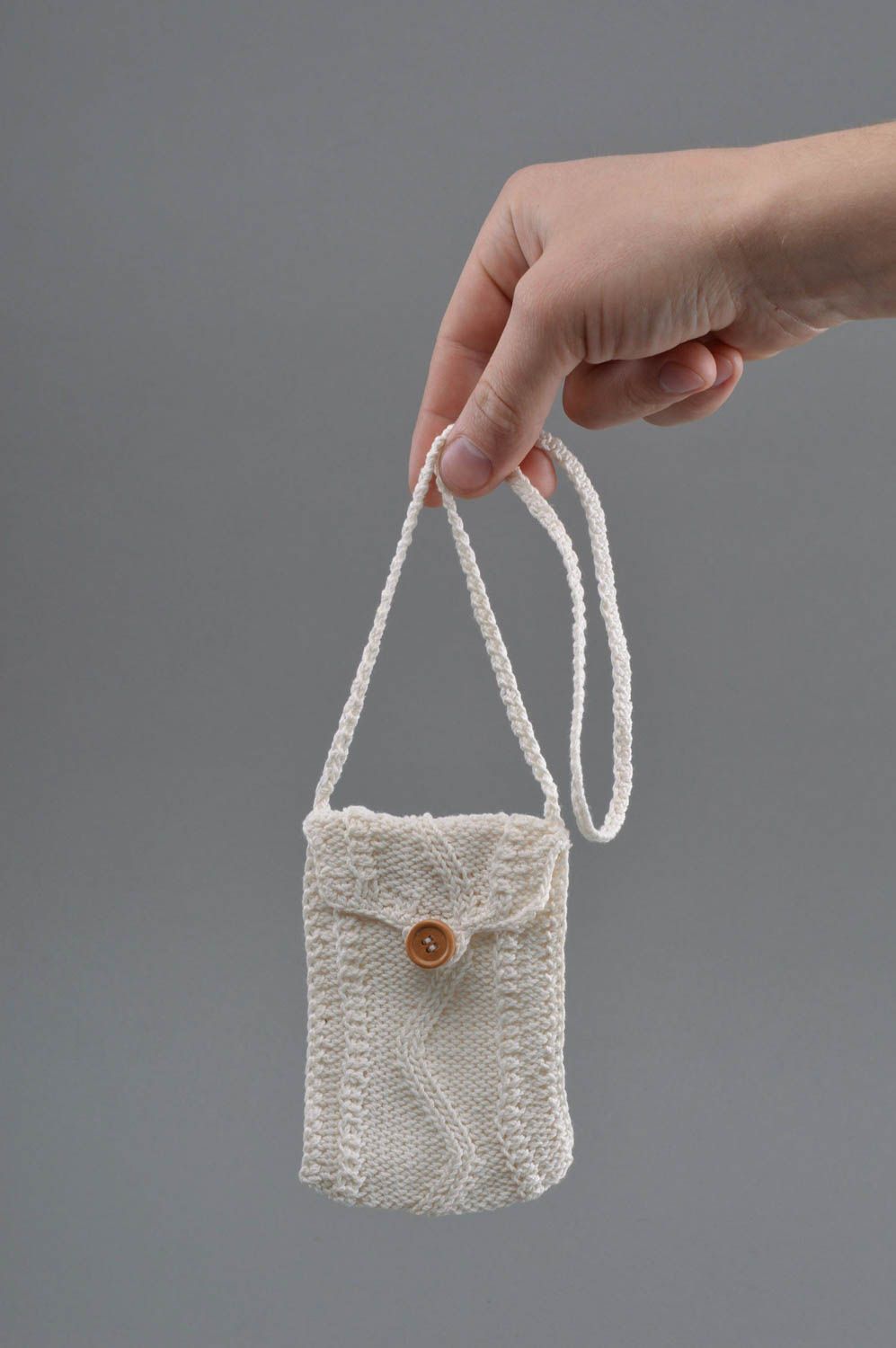 Beautiful handmade designer white knitted phone case with button photo 4
