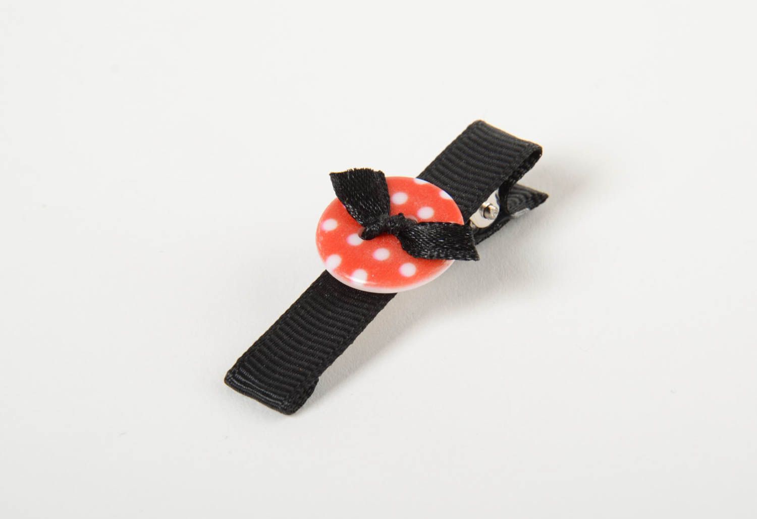 Hair clip with bow and button black with red handmade baby designer barrette photo 2