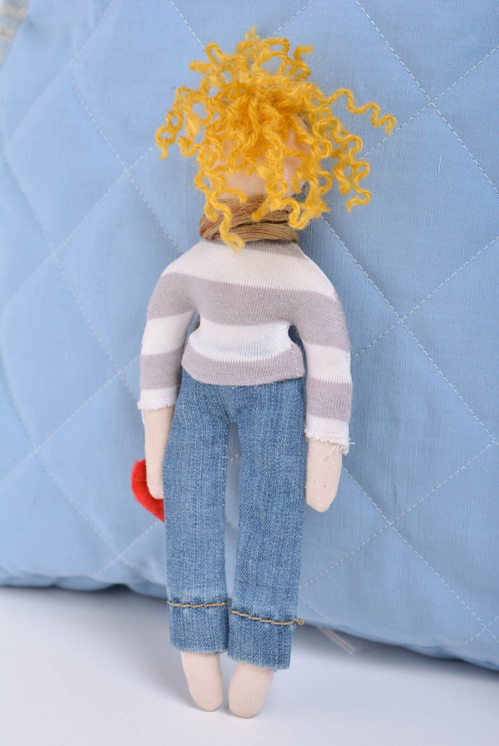 Handmade designer interior fabric soft toy boy with light curly hair in sweater photo 3